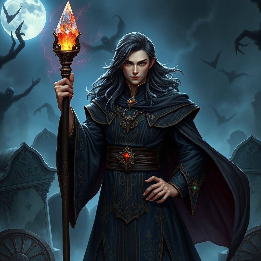 A young human necromancer wizard, elegantly dressed in intricately designed, dark-colored robes that reflect his noble heritage