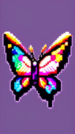 Pixel art profile picture featuring a vibrant butterfly with cosmic rainbow-colored wings against a simple black background.