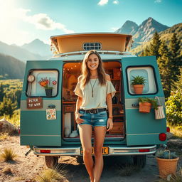 A vibrant scene showcasing a young woman living the van life dream
