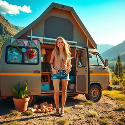 A vibrant scene showcasing a young woman living the van life dream