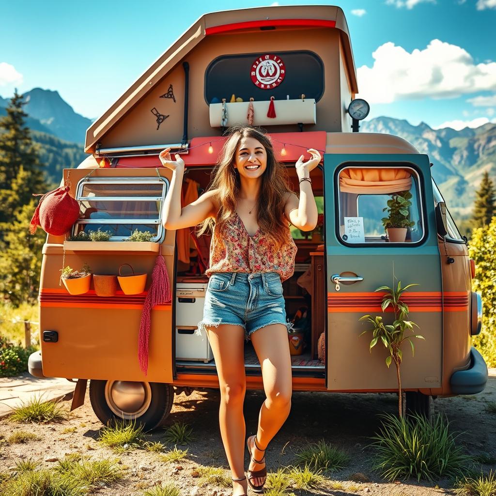 A vibrant scene showcasing a young woman living the van life dream