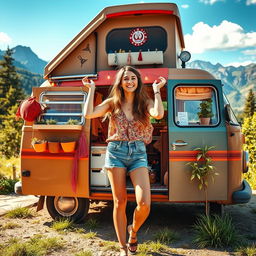 A vibrant scene showcasing a young woman living the van life dream