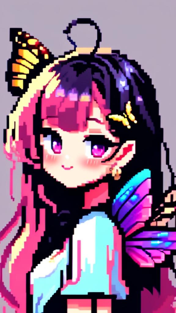 Pixel art profile picture featuring a vibrant butterfly with cosmic rainbow-colored wings against a simple black background.