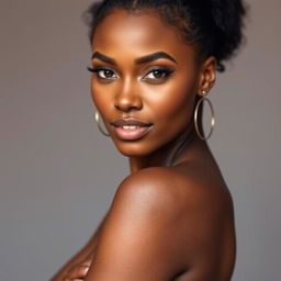 A stunning portrait of a confident black woman posed gracefully, showcasing her natural beauty