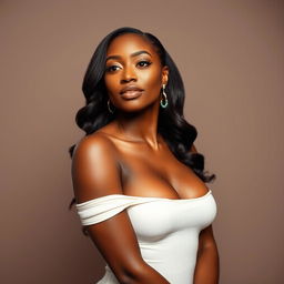 A stunning portrait of a confident black woman posed gracefully, showcasing her natural beauty