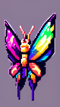 Pixel art profile picture featuring a vibrant butterfly with cosmic rainbow-colored wings against a simple black background.