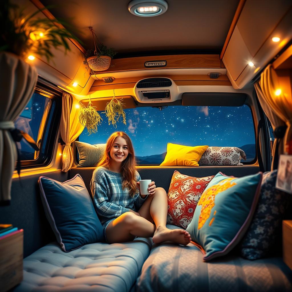 A captivating night scene featuring a young woman inside a T6 Volkswagen camper van, illuminated by soft, warm lights