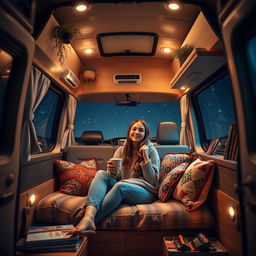 A captivating night scene featuring a young woman inside a T6 Volkswagen camper van, illuminated by soft, warm lights