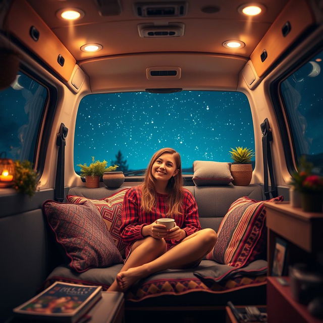 A captivating night scene featuring a young woman inside a T6 Volkswagen camper van, illuminated by soft, warm lights