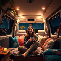 A captivating night scene featuring a young woman inside a T6 Volkswagen camper van, illuminated by soft, warm lights