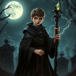 A young human necromancer wizard with short hair, dressed in elegantly crafted, dark robes that reflect his noble origins