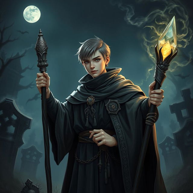 A young human necromancer wizard with short hair, dressed in elegantly crafted, dark robes that reflect his noble origins