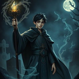 A young human necromancer wizard with short hair, dressed in elegantly crafted, dark robes that reflect his noble origins