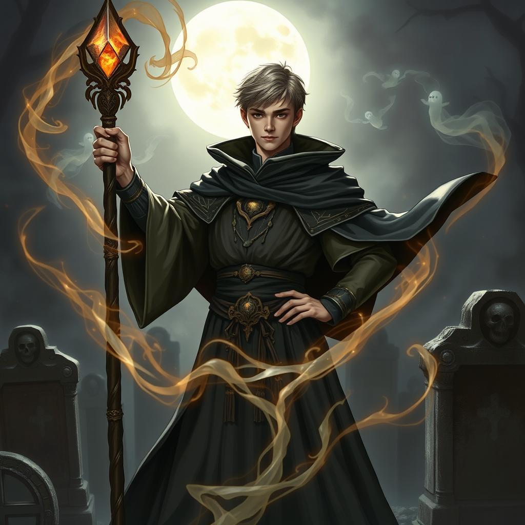 A young human necromancer wizard with short hair, dressed in elegantly crafted, dark robes that reflect his noble origins