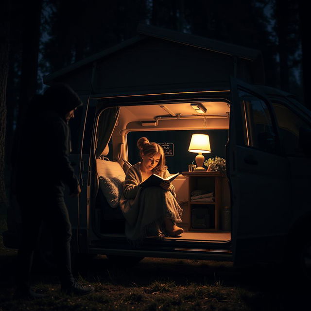 A suspenseful night scene featuring a young woman inside a stylish T6 Volkswagen camper van, illuminated by soft interior lights