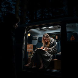 A suspenseful night scene featuring a young woman inside a stylish T6 Volkswagen camper van, illuminated by soft interior lights