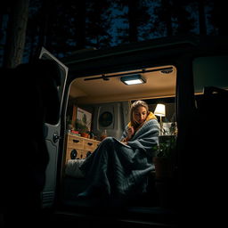 A suspenseful night scene featuring a young woman inside a stylish T6 Volkswagen camper van, illuminated by soft interior lights