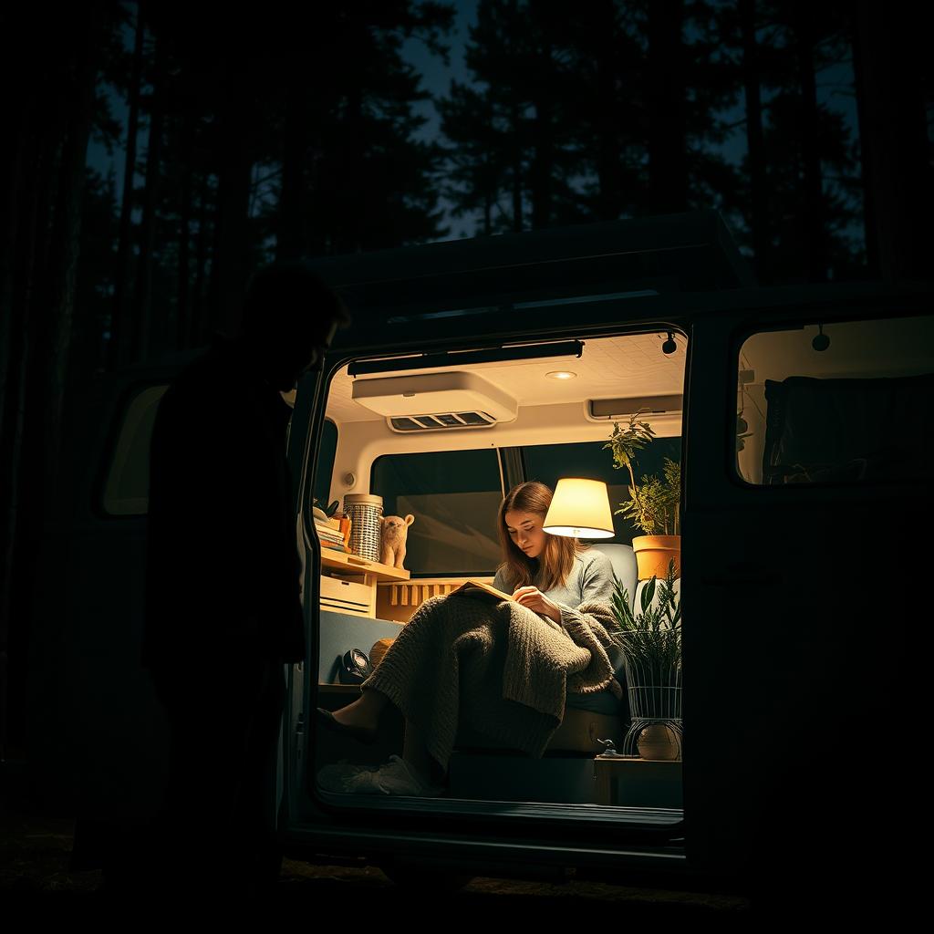 A suspenseful night scene featuring a young woman inside a stylish T6 Volkswagen camper van, illuminated by soft interior lights