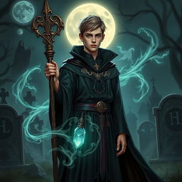 A young human necromancer wizard with short hair, dressed in elegantly designed dark robes that indicate his noble heritage