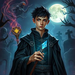 A young human necromancer wizard with short hair, dressed in elegantly designed dark robes that indicate his noble heritage