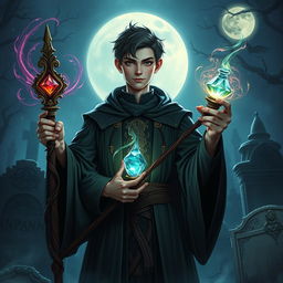 A young human necromancer wizard with short hair, dressed in elegantly designed dark robes that indicate his noble heritage