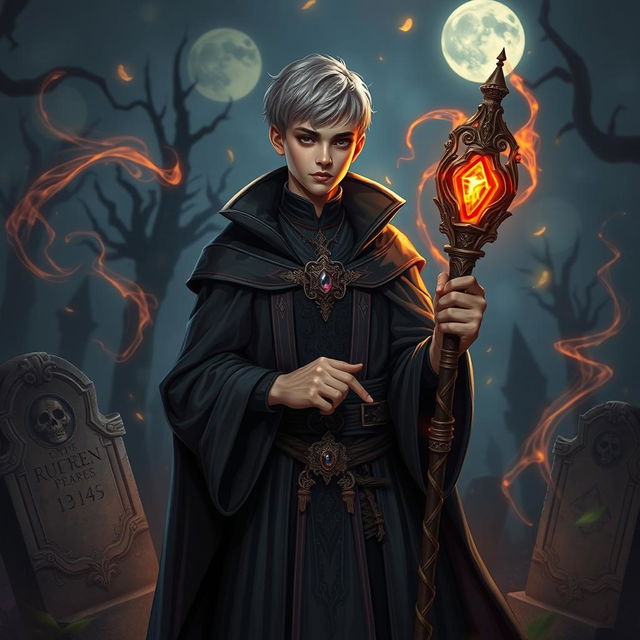 A young human necromancer wizard with short hair, dressed in elegantly designed dark robes that indicate his noble heritage