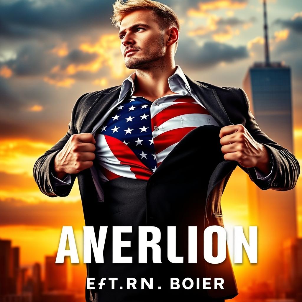 A striking book cover featuring a muscular blond man in a tailored suit, confidently opening his shirt to reveal a vibrant American flag underneath