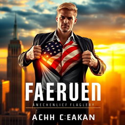 A striking book cover featuring a muscular blond man in a tailored suit, confidently opening his shirt to reveal a vibrant American flag underneath