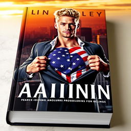 A striking book cover featuring a muscular blond man in a tailored suit, confidently opening his shirt to reveal a vibrant American flag underneath