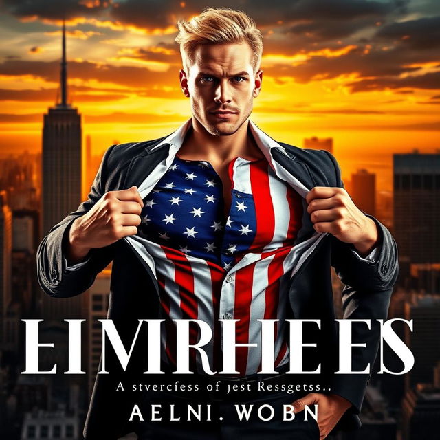 A striking book cover featuring a muscular blond man in a tailored suit, confidently opening his shirt to reveal a vibrant American flag underneath