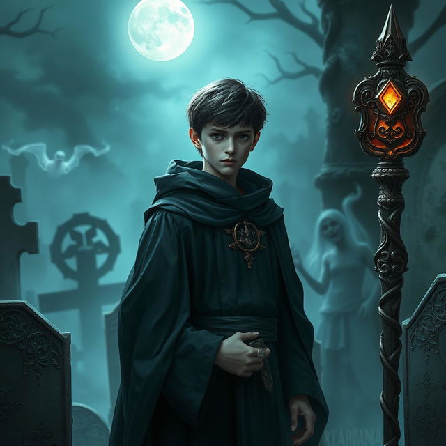 A young human necromancer wizard with short hair, dressed in elegant, dark robes that symbolize his noble heritage