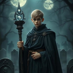 A young human necromancer wizard with short hair, dressed in elegant, dark robes that symbolize his noble heritage