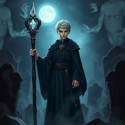 A young human necromancer wizard with short hair, dressed in elegant, dark robes that symbolize his noble heritage