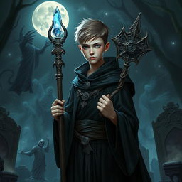 A young human necromancer wizard with short hair, dressed in elegant, dark robes that symbolize his noble heritage