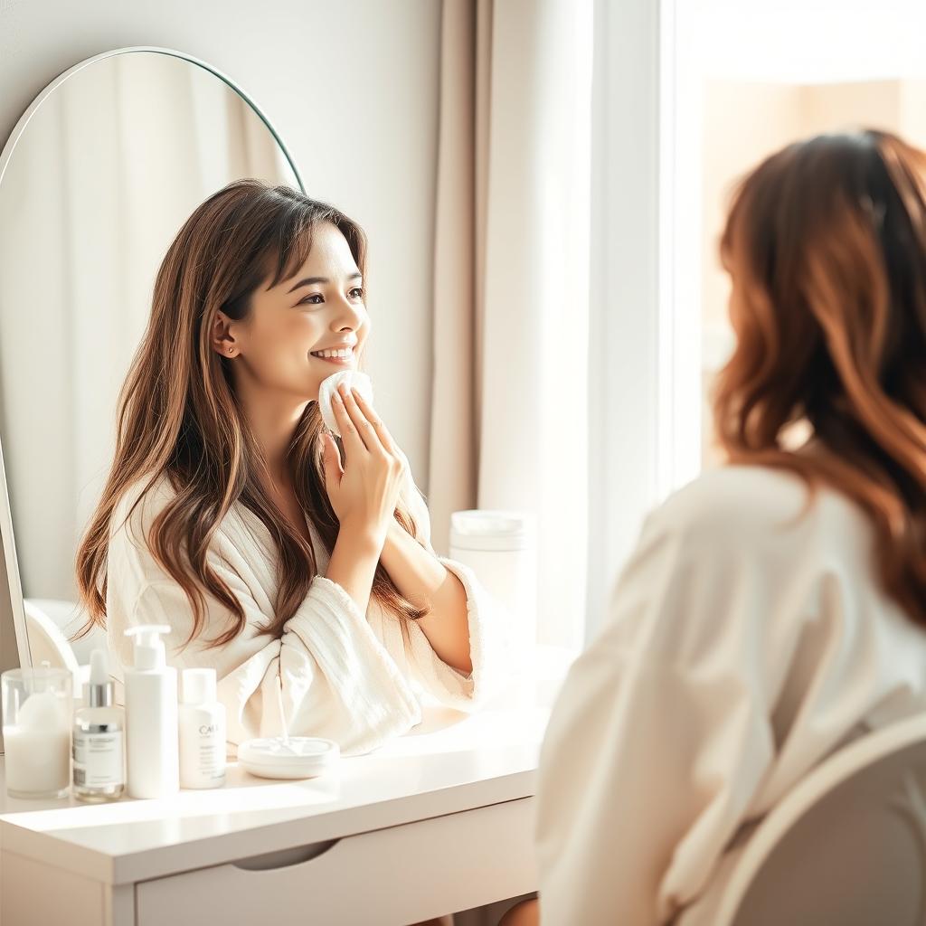 A young woman with a gentle smile sitting at a bright vanity, cleaning her face with a soft, white cotton pad