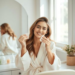 A young woman with a gentle smile sitting at a bright vanity, cleaning her face with a soft, white cotton pad