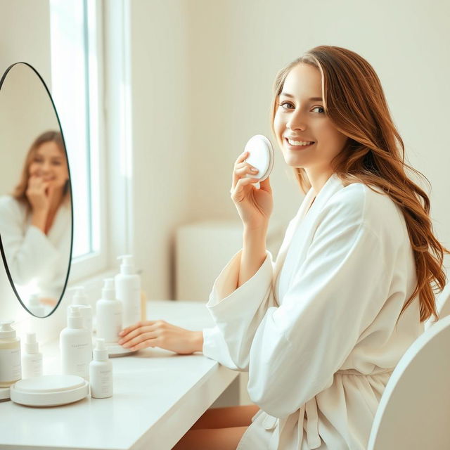 A young woman with a gentle smile sitting at a bright vanity, cleaning her face with a soft, white cotton pad