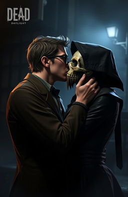 A romantic and intense scene featuring the video game characters Dwight Fairfield and The Skull Merchant from Dead By Daylight