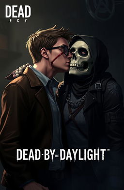 A romantic and intense scene featuring the video game characters Dwight Fairfield and The Skull Merchant from Dead By Daylight