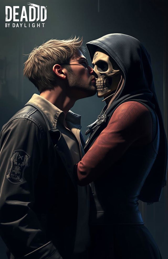 A romantic and intense scene featuring the video game characters Dwight Fairfield and The Skull Merchant from Dead By Daylight