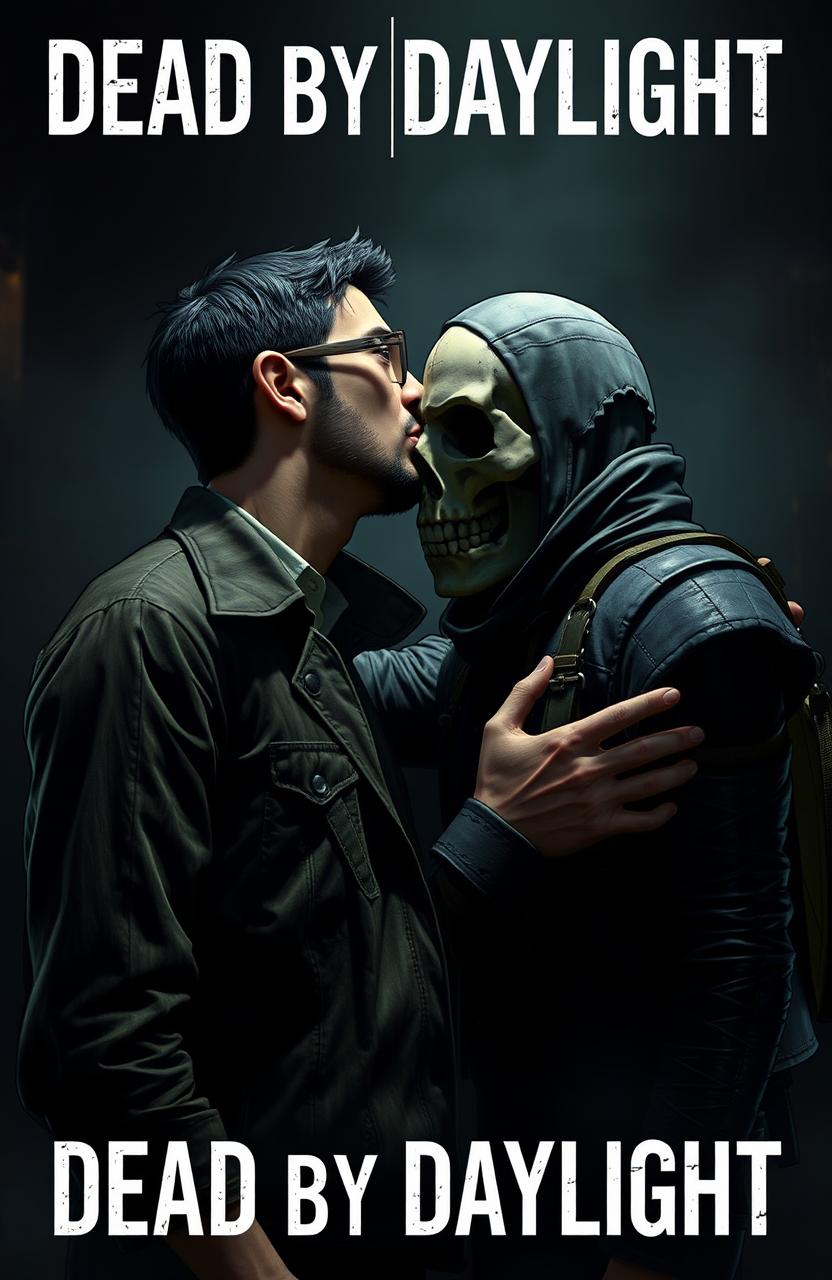 A romantic and intense scene featuring the video game characters Dwight Fairfield and The Skull Merchant from Dead By Daylight