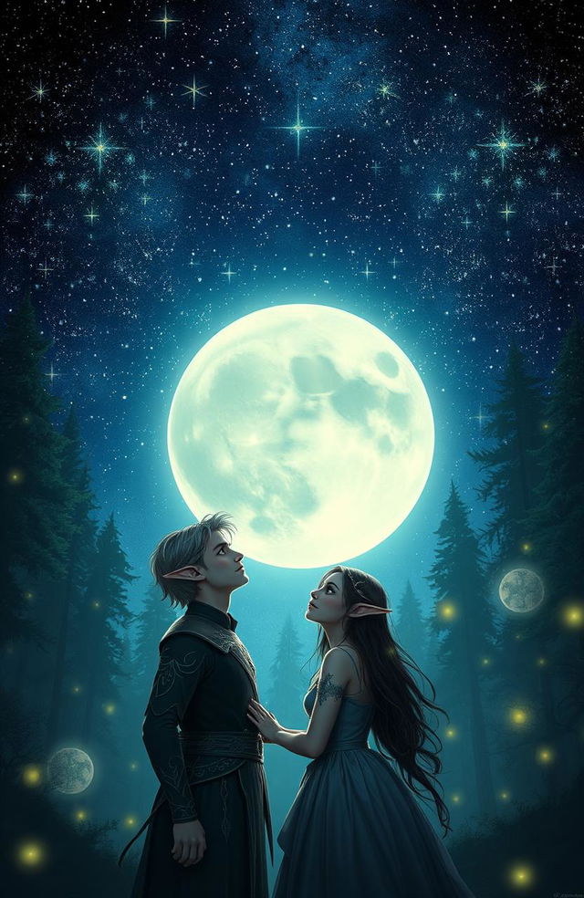 A mesmerizing scene of a starry night sky filled with twinkling stars, featuring an elf man with short hair and an elf woman with dark hair and striking green eyes