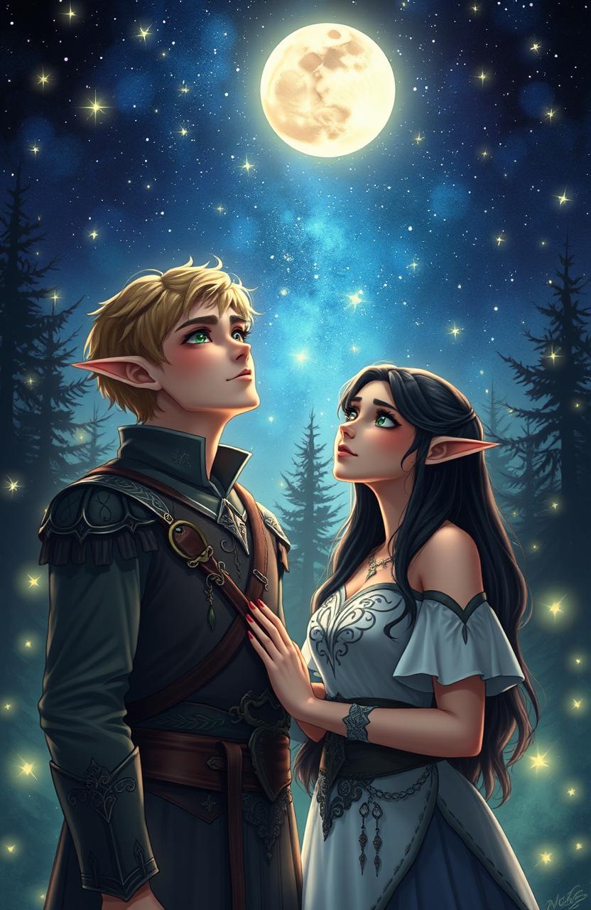 A mesmerizing scene of a starry night sky filled with twinkling stars, featuring an elf man with short hair and an elf woman with dark hair and striking green eyes