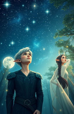 A mesmerizing scene of a starry night sky filled with twinkling stars, featuring an elf man with short hair and an elf woman with dark hair and striking green eyes