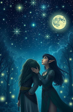 A mesmerizing scene of a starry night sky filled with twinkling stars, featuring an elf man with short hair and an elf woman with dark hair and striking green eyes