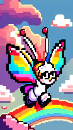 Pixel art profile picture of a butterfly riding a rainbow.