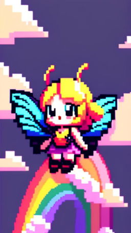 Pixel art profile picture of a butterfly riding a rainbow.