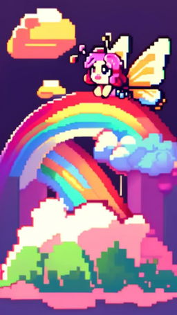 Pixel art profile picture of a butterfly riding a rainbow.