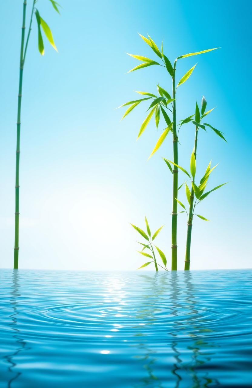 A strong and independent symbolic representation of adaptability and resilience featuring lush green bamboo swaying gently in a tranquil water setting