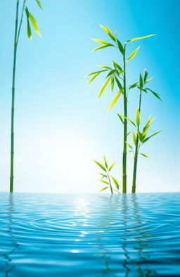 A strong and independent symbolic representation of adaptability and resilience featuring lush green bamboo swaying gently in a tranquil water setting